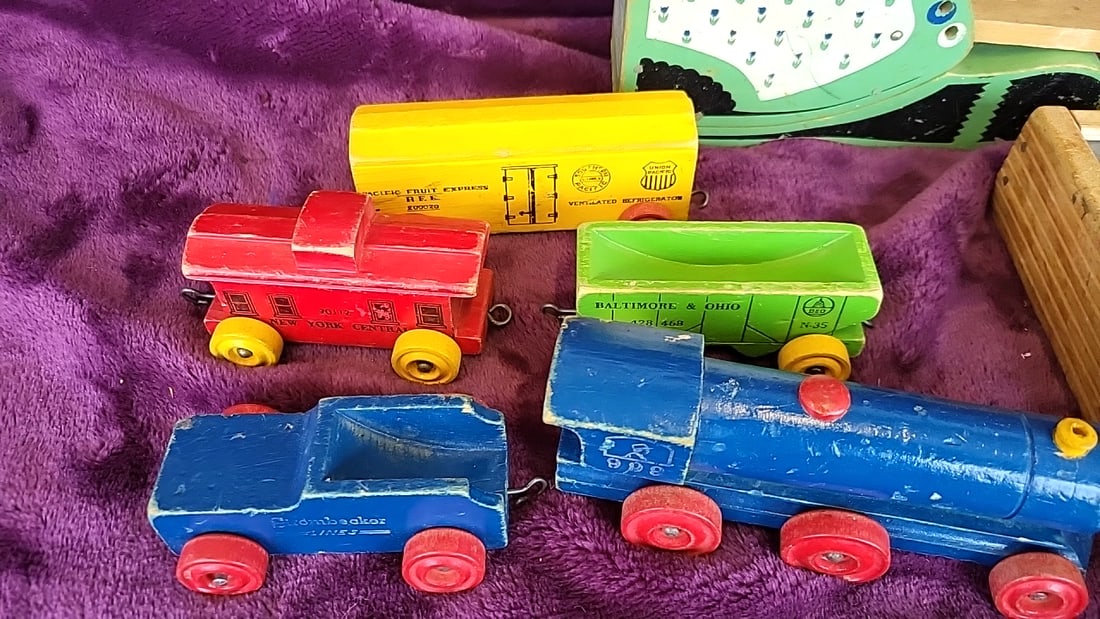 Strombecker Lines Wooden Toy Train Cars With Chalkboard Pegboard And Doll Cradle Lot - 2