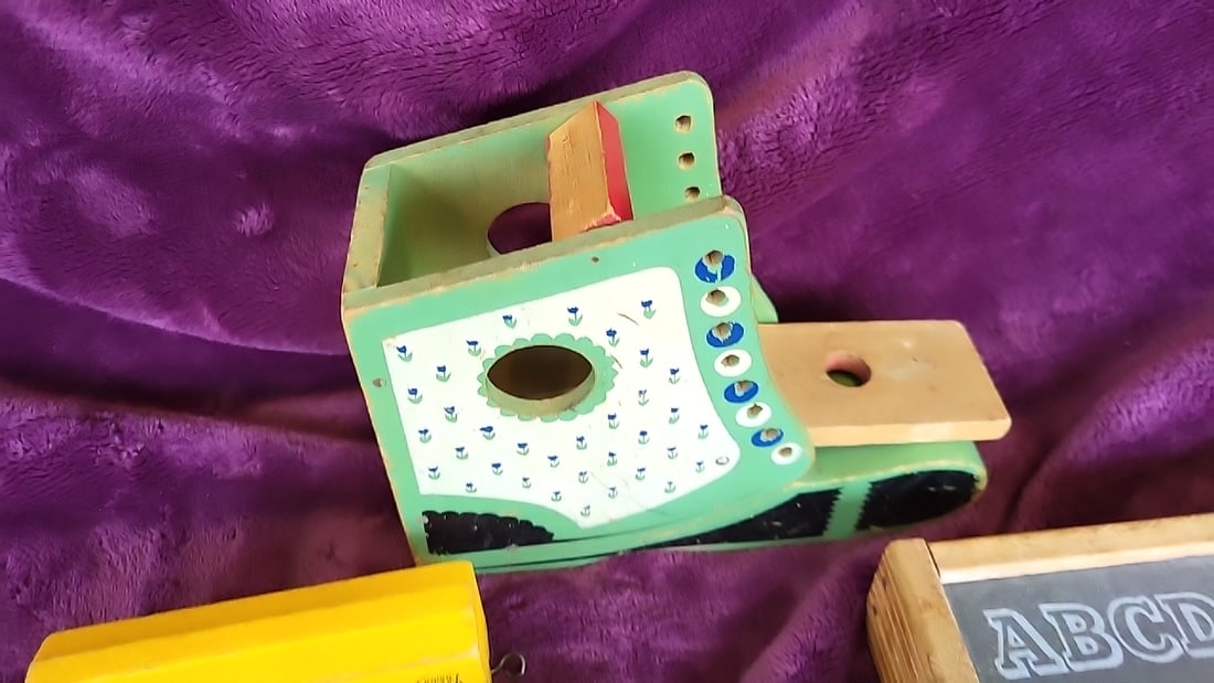 Strombecker Lines Wooden Toy Train Cars With Chalkboard Pegboard And Doll Cradle Lot - 3