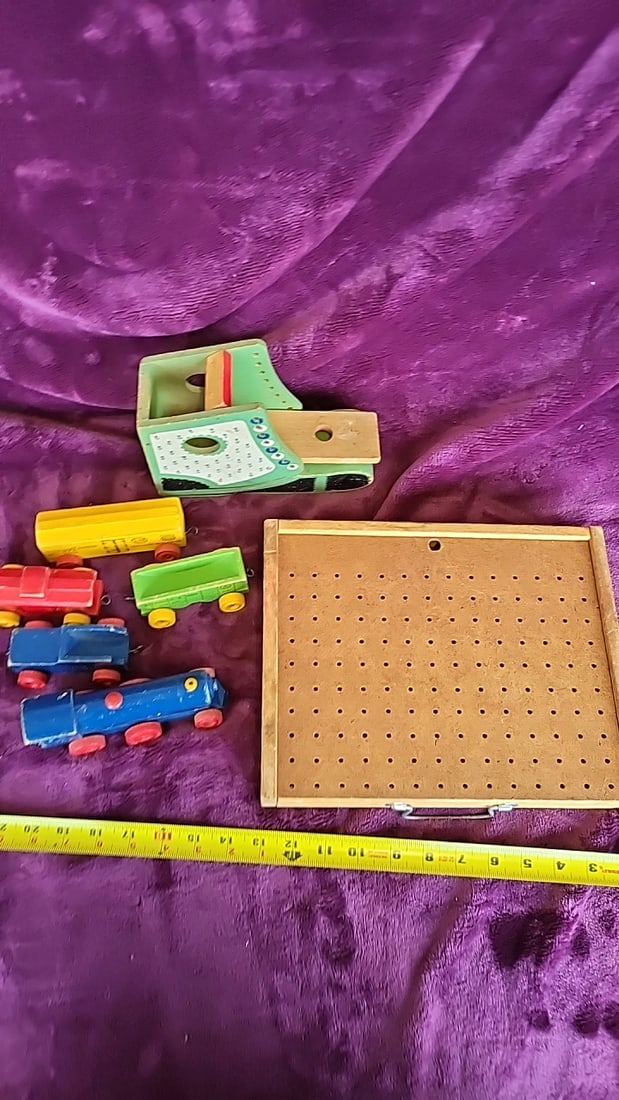 Strombecker Lines Wooden Toy Train Cars With Chalkboard Pegboard And Doll Cradle Lot - 4