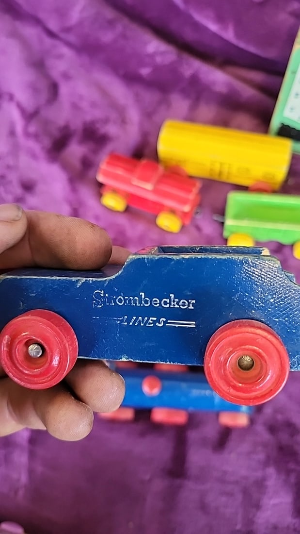 Strombecker Lines Wooden Toy Train Cars With Chalkboard Pegboard And Doll Cradle Lot - 5
