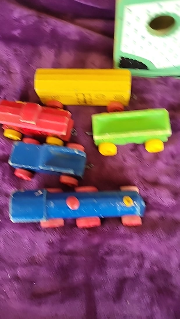 Strombecker Lines Wooden Toy Train Cars With Chalkboard Pegboard And Doll Cradle Lot - 7