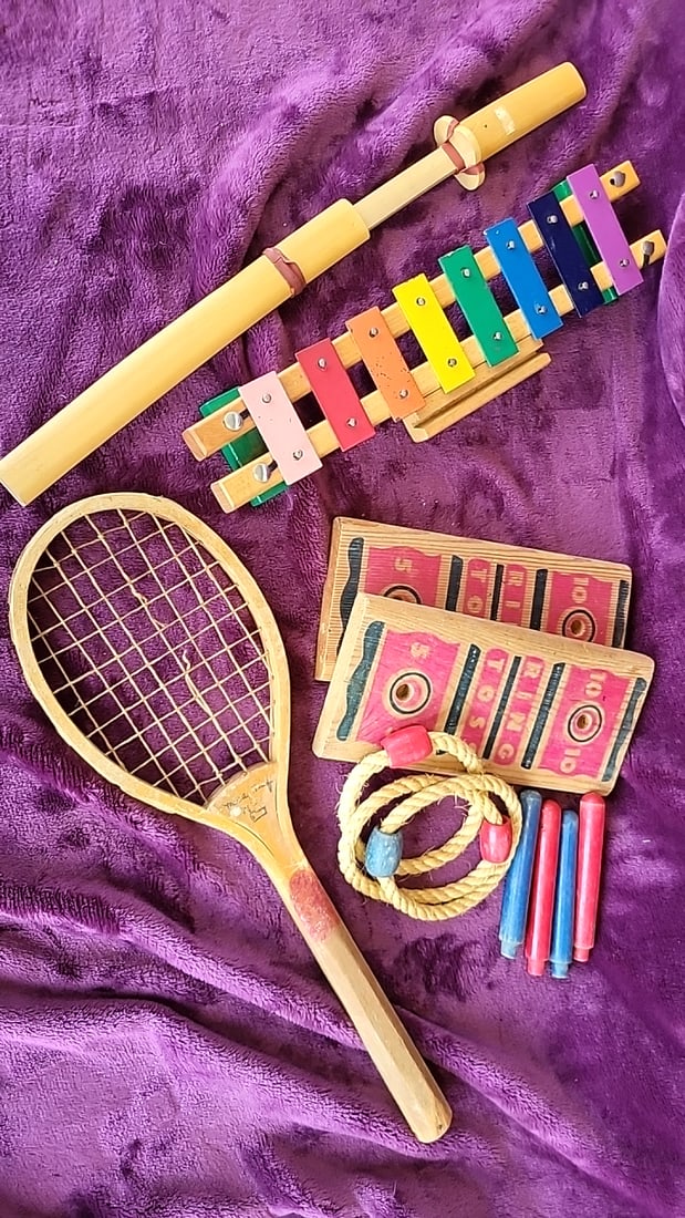 Wooden Toy Lot: Japanese Katana Sword, Xylophone, Tennis Racket & Ring Toss Game: 15 x 23 x 4 3 lb Low Estimate: 10.00 High Estimate: 35.00