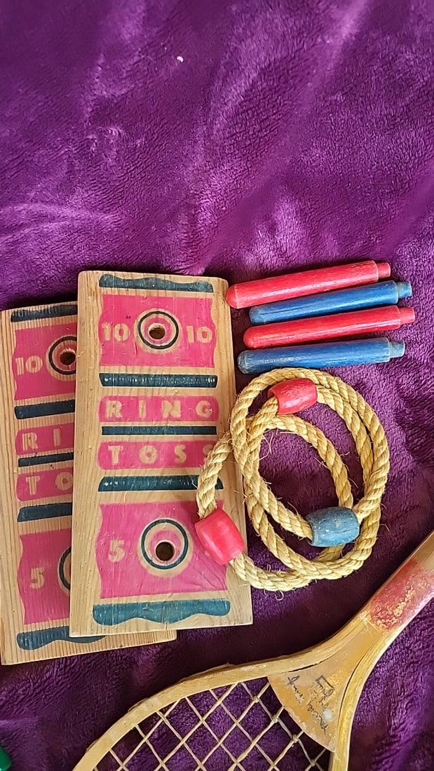 Wooden Toy Lot: Japanese Katana Sword, Xylophone, Tennis Racket & Ring Toss Game - 2