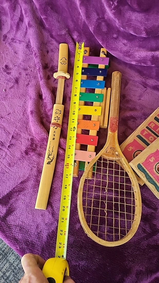 Wooden Toy Lot: Japanese Katana Sword, Xylophone, Tennis Racket & Ring Toss Game - 5