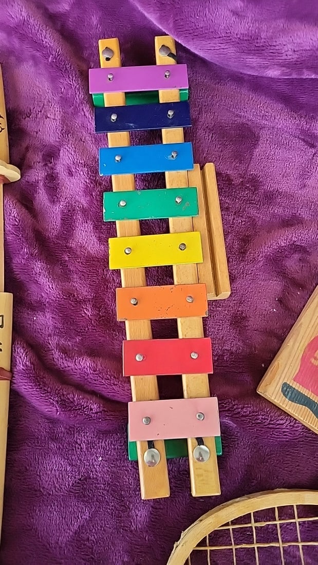 Wooden Toy Lot: Japanese Katana Sword, Xylophone, Tennis Racket & Ring Toss Game - 6
