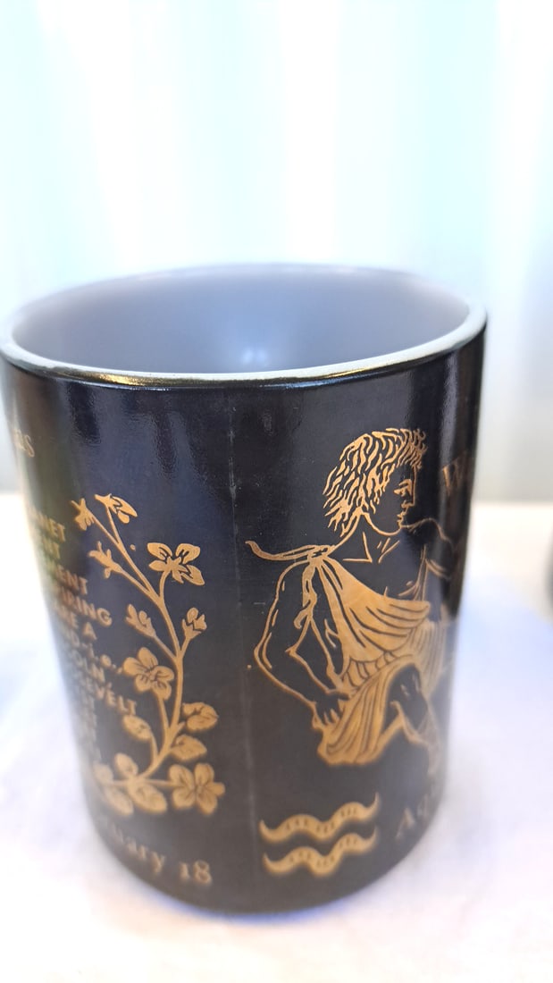Anchor Hocking Fire-king Zodiac Mugs Aquarius Pisces Virgo Black Gold - 3