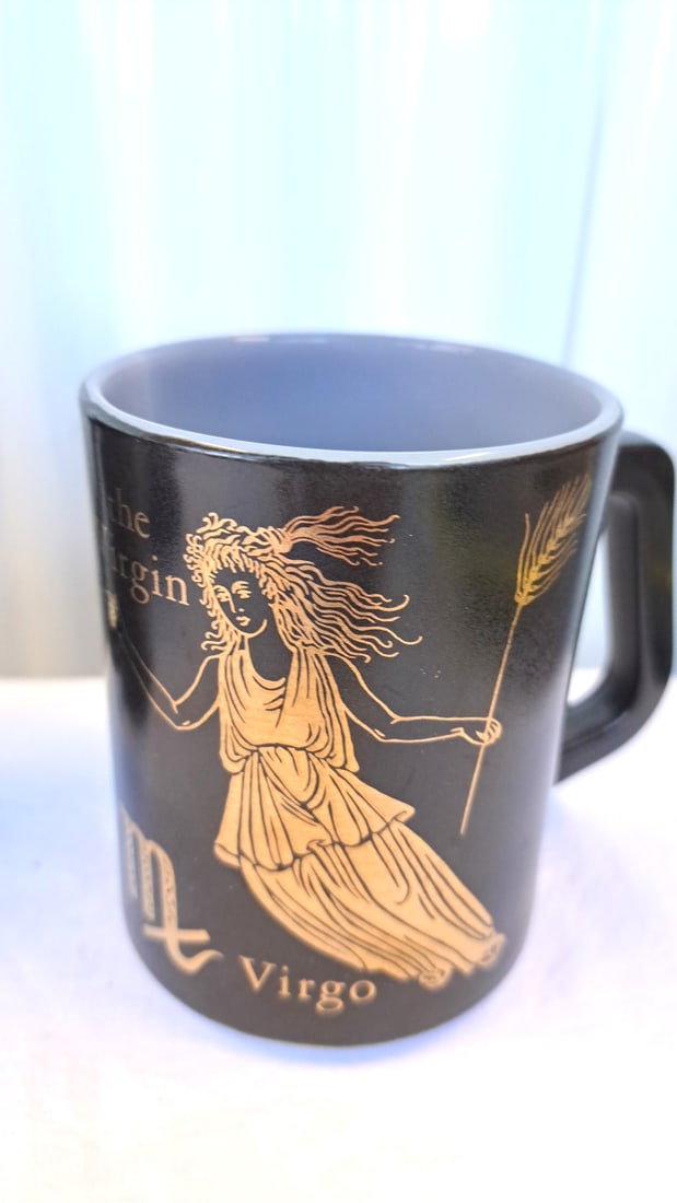 Anchor Hocking Fire-king Zodiac Mugs Aquarius Pisces Virgo Black Gold - 5