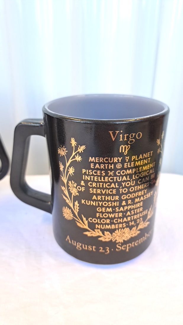 Anchor Hocking Fire-king Zodiac Mugs Aquarius Pisces Virgo Black Gold - 7