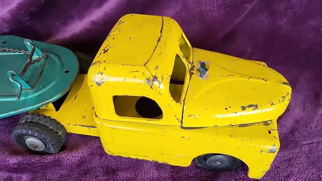 Structo Pressed Steel Toy Truck And Trailer, Yellow And Teal, Approx. 30 In - 2