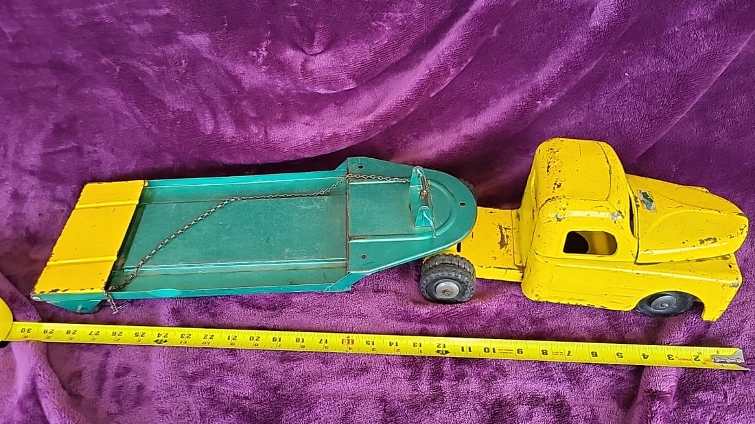Structo Pressed Steel Toy Truck And Trailer, Yellow And Teal, Approx. 30 In - 4
