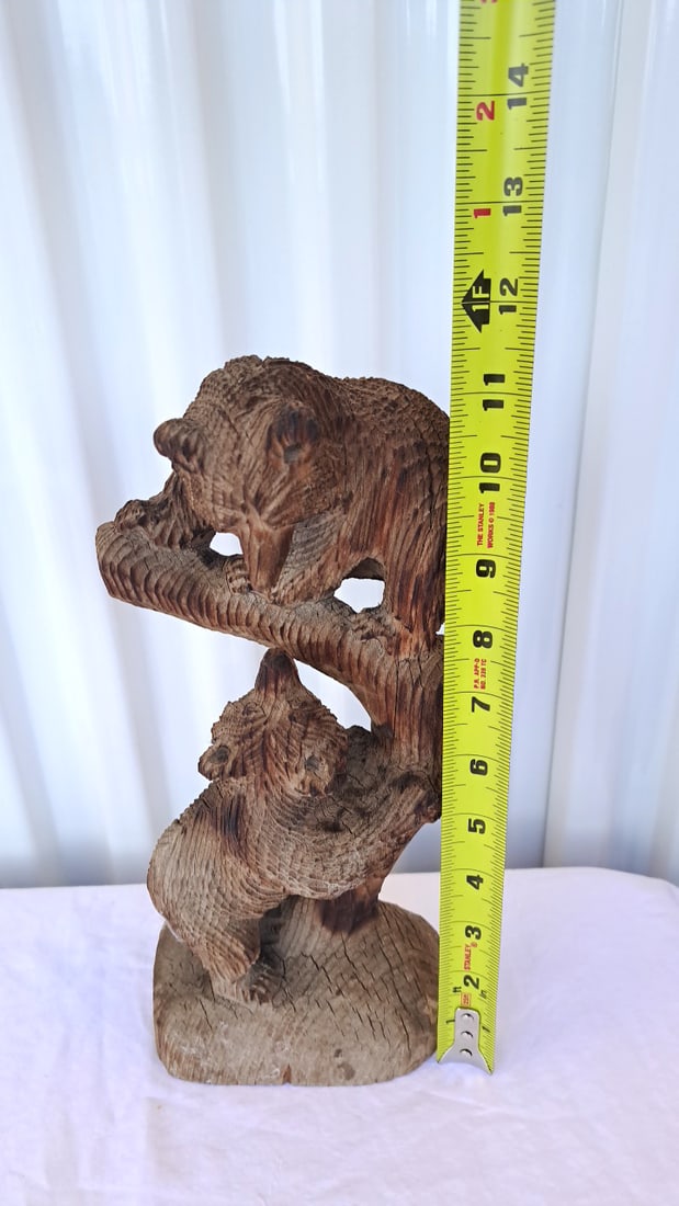 Kadian Craft Canada Hand Carved Bears On Tree Stump 12 In - 2