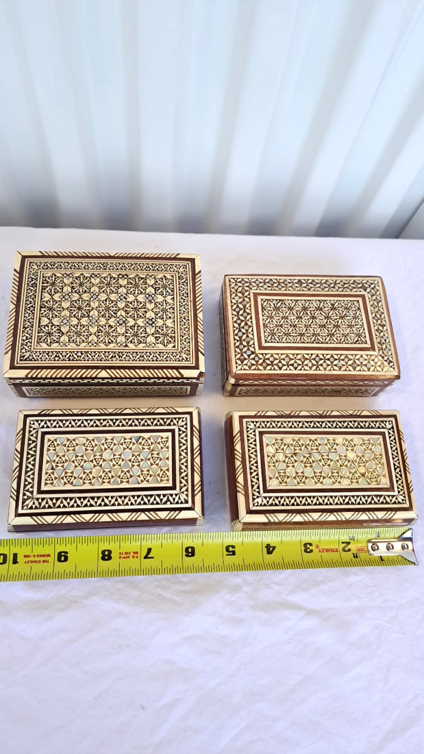 4 Wooden Mosaic Inlay Jewelry Trinket Boxes - 3