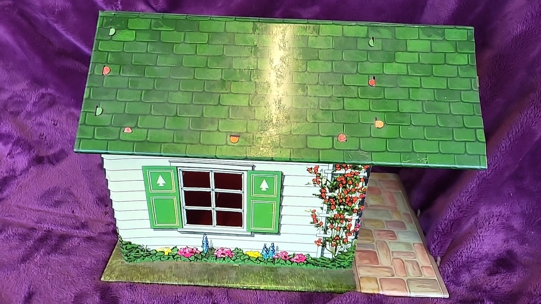 Tin Lithograph Dollhouse Recreation Room With Green Roof And Sports Decor - 4