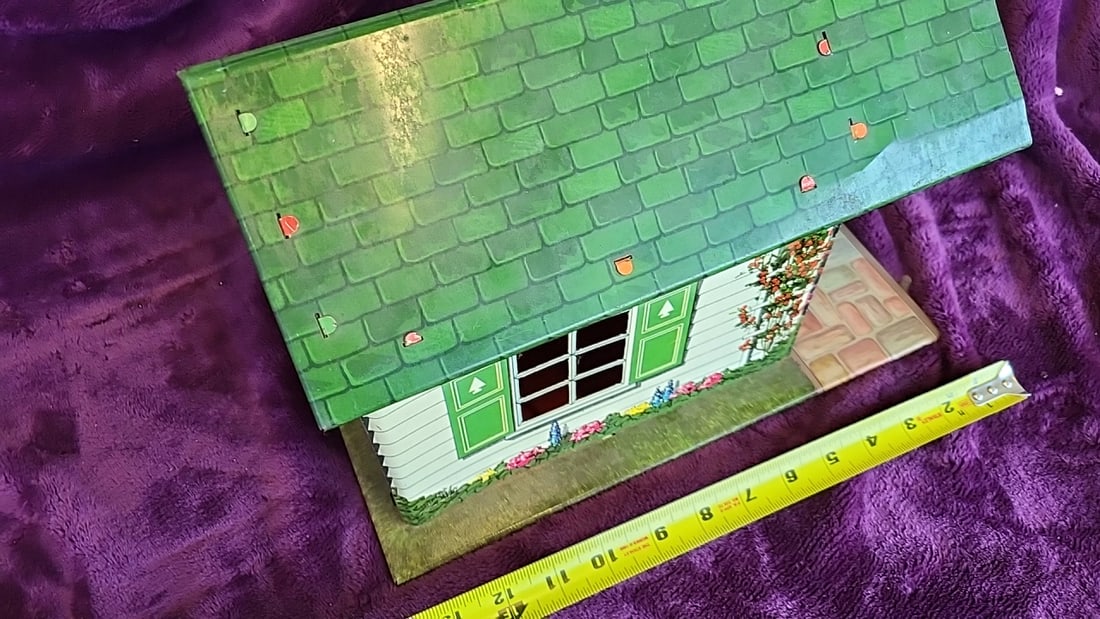 Tin Lithograph Dollhouse Recreation Room With Green Roof And Sports Decor - 5