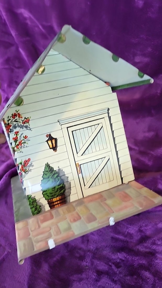 Tin Lithograph Dollhouse Recreation Room With Green Roof And Sports Decor - 6