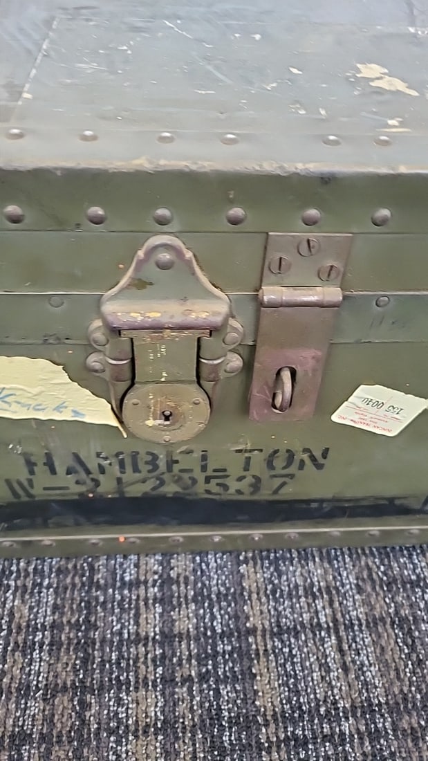 Olive Drab Riveted Metal Military Footlocker Trunk With Latches - 2
