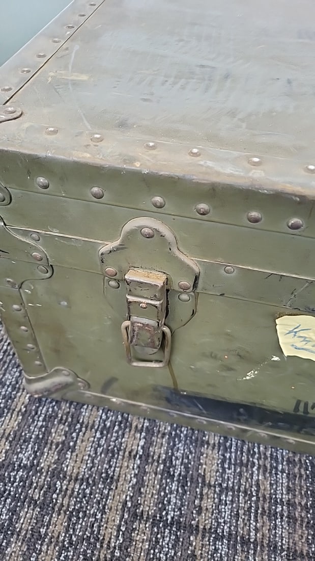 Olive Drab Riveted Metal Military Footlocker Trunk With Latches - 3