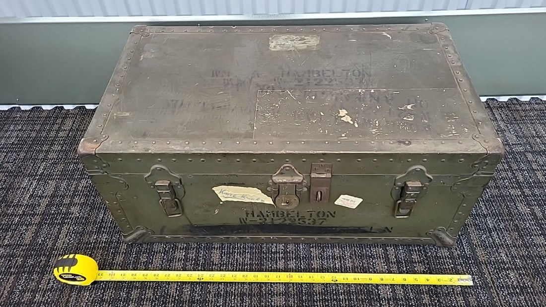 Olive Drab Riveted Metal Military Footlocker Trunk With Latches - 4