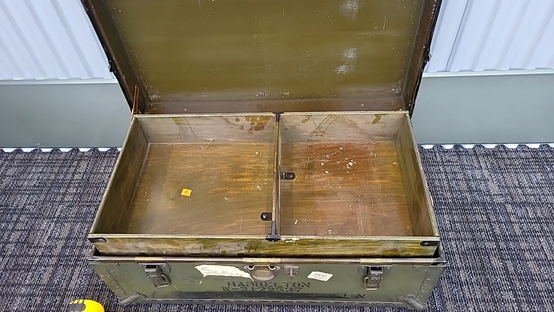 Olive Drab Riveted Metal Military Footlocker Trunk With Latches - 6