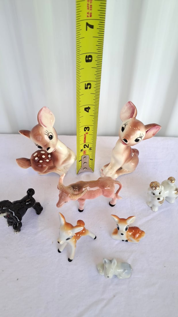 8 Ceramic Animal Figurines Deer Fawns Cow Poodles Dogs - 2