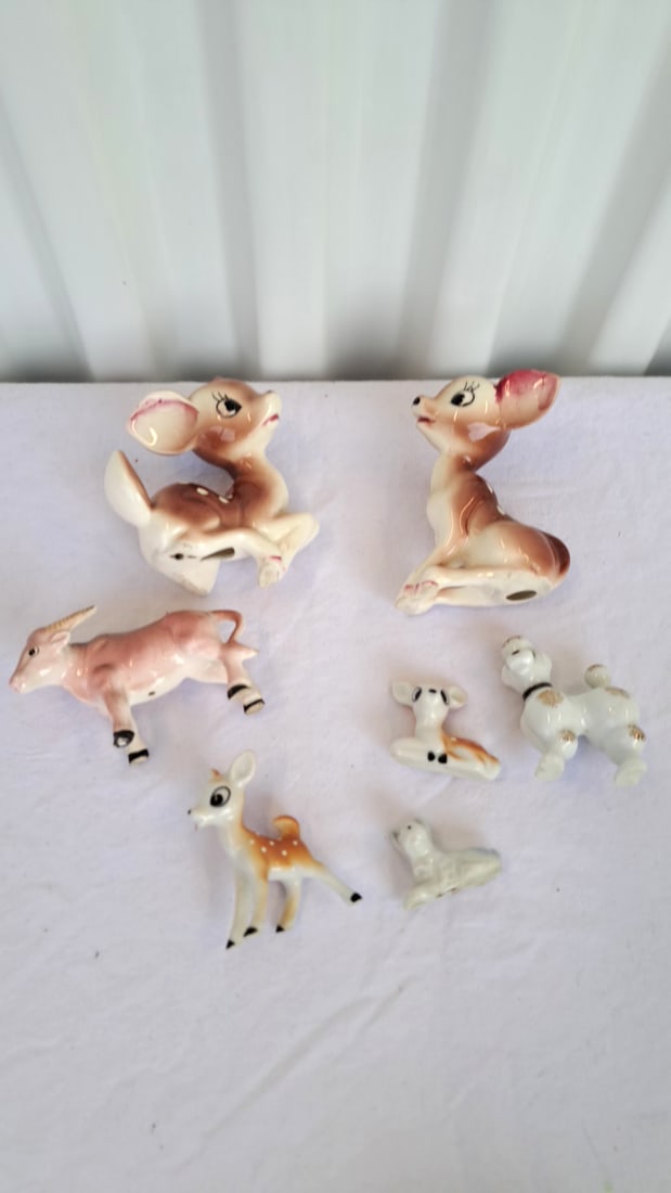 8 Ceramic Animal Figurines Deer Fawns Cow Poodles Dogs - 4