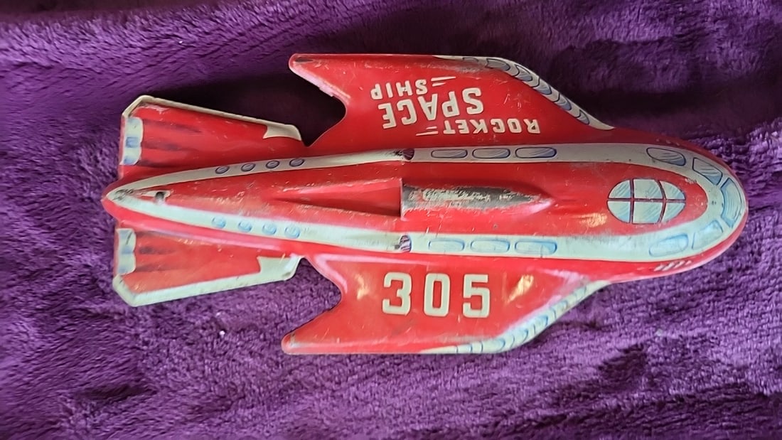 Rocket Space Ship 305 Tin Litho Toy Rocket Red Yellow 11 In - 2