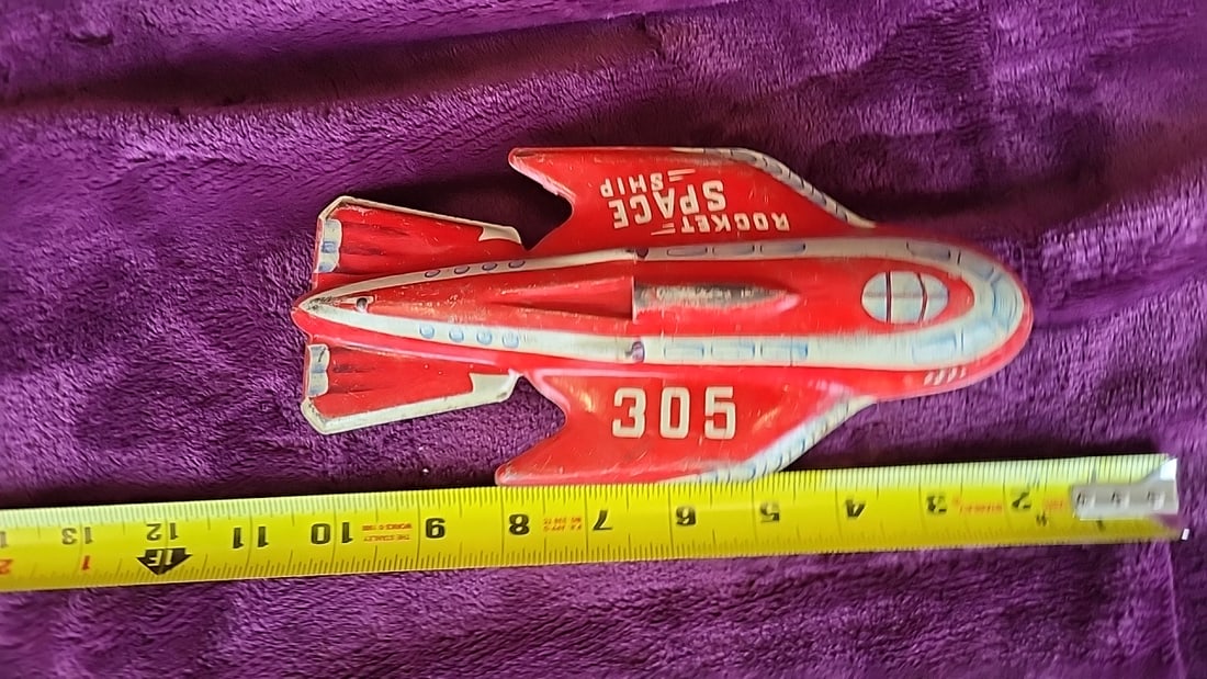 Rocket Space Ship 305 Tin Litho Toy Rocket Red Yellow 11 In - 3
