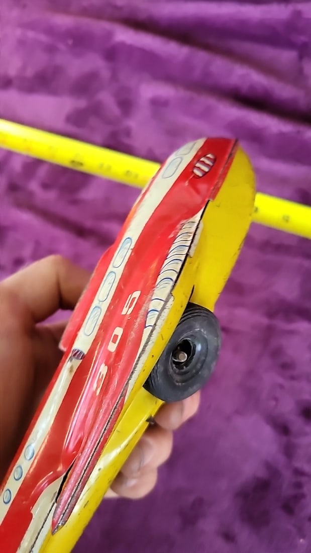 Rocket Space Ship 305 Tin Litho Toy Rocket Red Yellow 11 In - 6