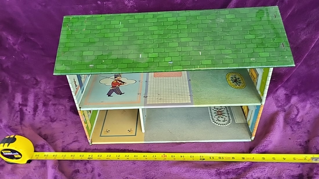 Tin Lithograph Two-story Dollhouse With Green Roof And Printed Interiors - 2