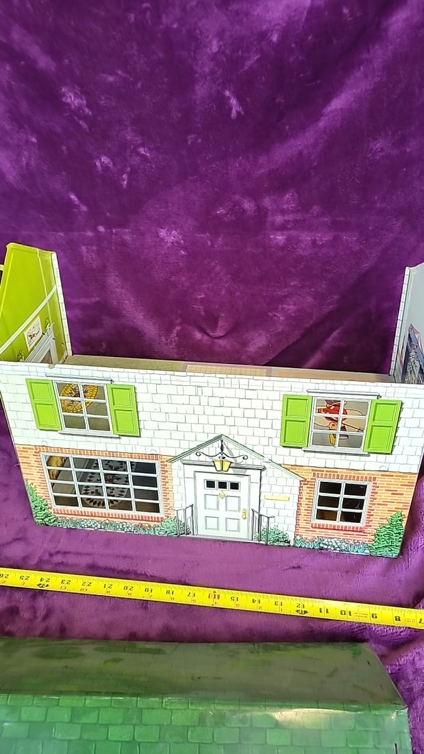 Tin Lithograph Two-story Dollhouse With Green Roof And Printed Interiors - 6