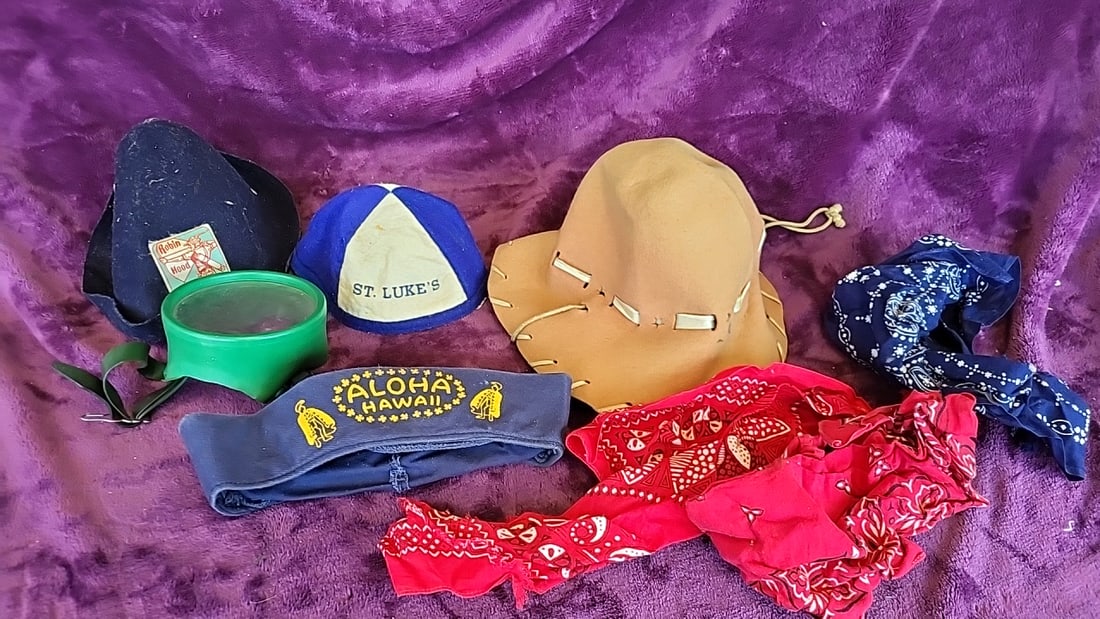 Costume Hat & Bandana Lot: Robin Hood, St. Luke's, Aloha Hawaii Cap, Cowboy Hat, Green Goggles: 5x5x8 2 Low Estimate: 8.00 High Estimate: 25.00