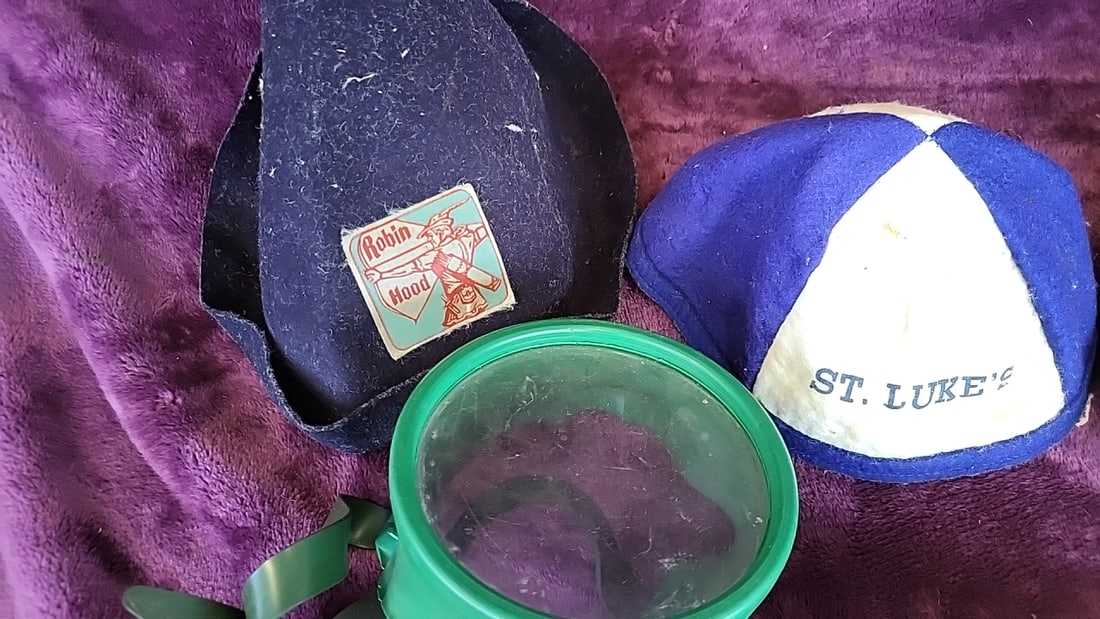 Costume Hat & Bandana Lot: Robin Hood, St. Luke's, Aloha Hawaii Cap, Cowboy Hat, Green Goggles - 3