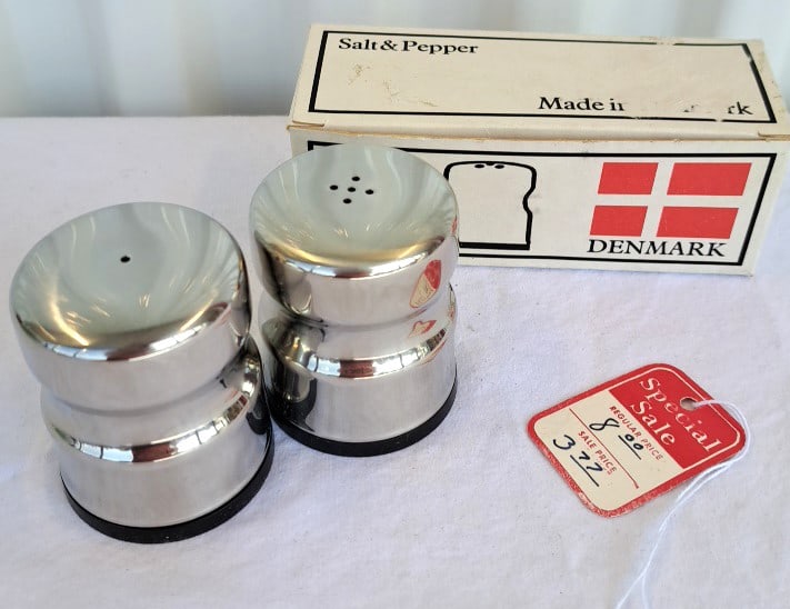 Kalmar Designs Danish 18-8 Stainless Steel Salt Pepper Shakers With Box: Unused but box is damaged on the top. 5 x 2 x 2in. 1lb Low Estimate: 12.00 High Estimate: 50.00
