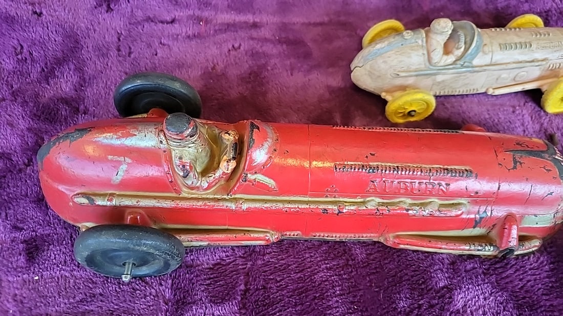 Auburn Rubber Toy Race Cars And Motorcycle Lot Red White Blue Yellow Wheels - 2