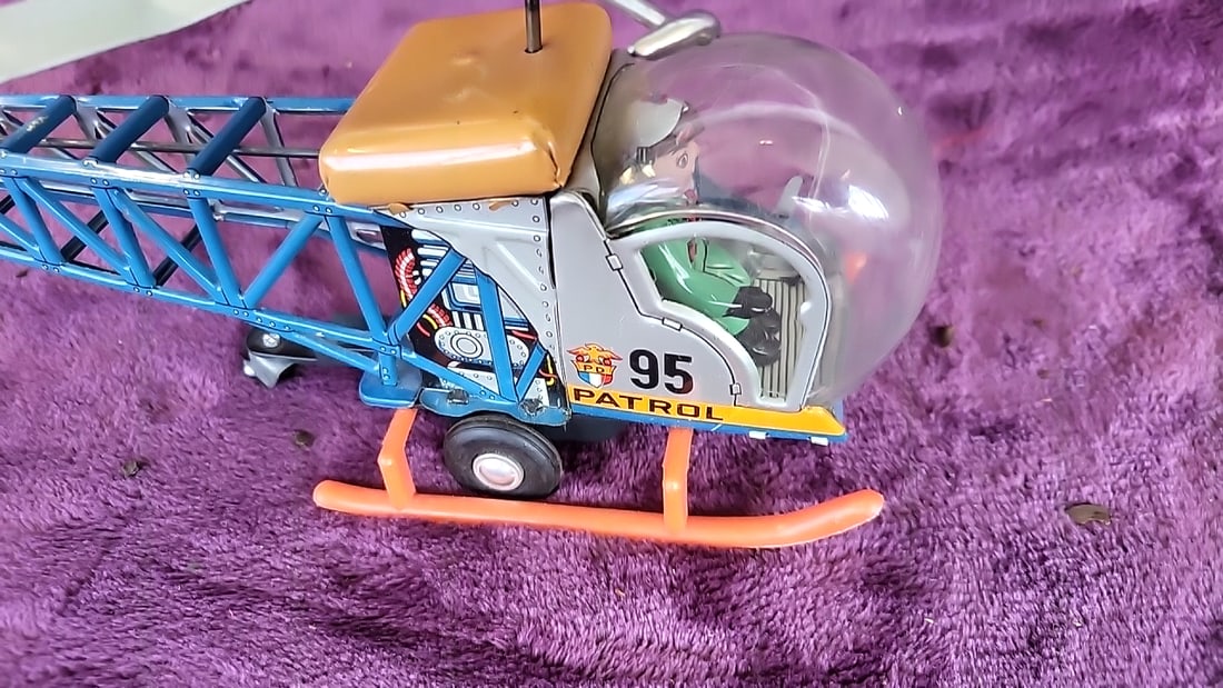 Patrol 95 Tin Litho Toy Helicopter With Pilot Figure, Blue Tail Boom, Orange Skids - 2