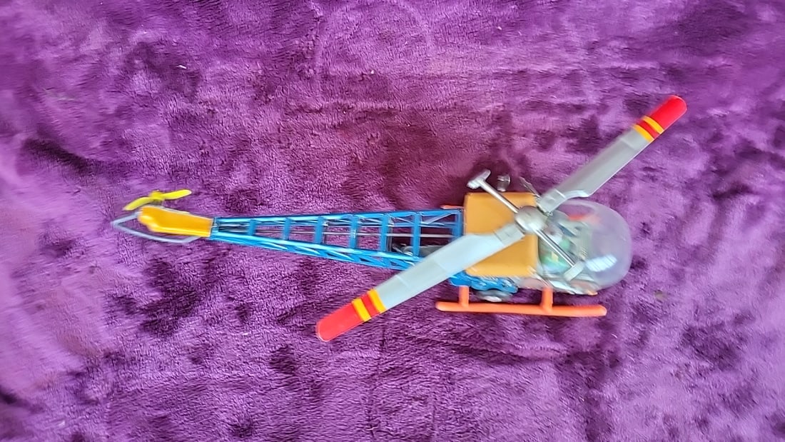 Patrol 95 Tin Litho Toy Helicopter With Pilot Figure, Blue Tail Boom, Orange Skids - 3