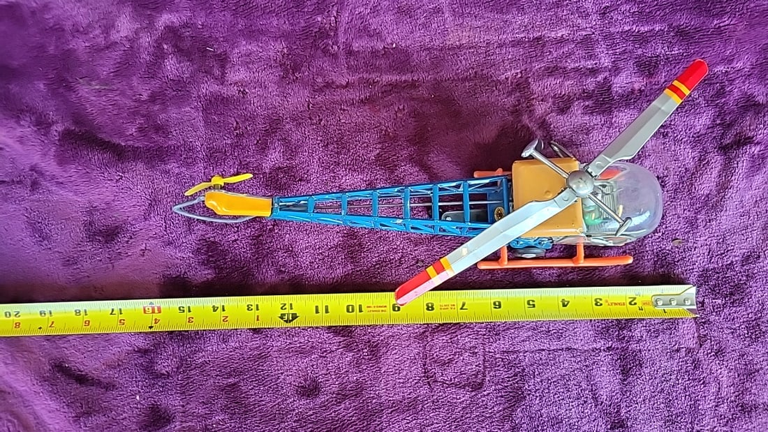 Patrol 95 Tin Litho Toy Helicopter With Pilot Figure, Blue Tail Boom, Orange Skids - 4