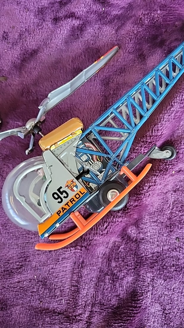 Patrol 95 Tin Litho Toy Helicopter With Pilot Figure, Blue Tail Boom, Orange Skids - 6