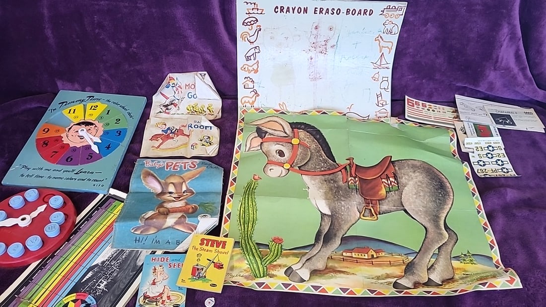 Vintage Children's Ephemera Lot: Tommy Time Clock, Crayon Eraso-board, Baby's Pets, Whitman Books: 16x12x10 Low Estimate: 10.00 High Estimate: 45.00