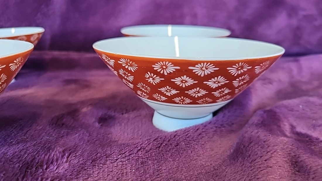 Set Of 6 Orange Red Porcelain Footed Rice Bowls With White Floral And Gold Leaf Designs - 2