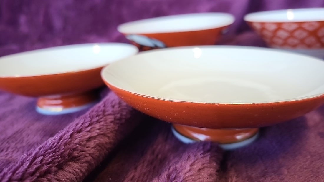 Set Of 6 Orange Red Porcelain Footed Rice Bowls With White Floral And Gold Leaf Designs - 3