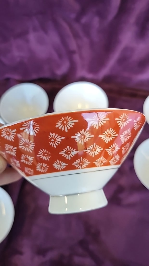 Set Of 6 Orange Red Porcelain Footed Rice Bowls With White Floral And Gold Leaf Designs - 6