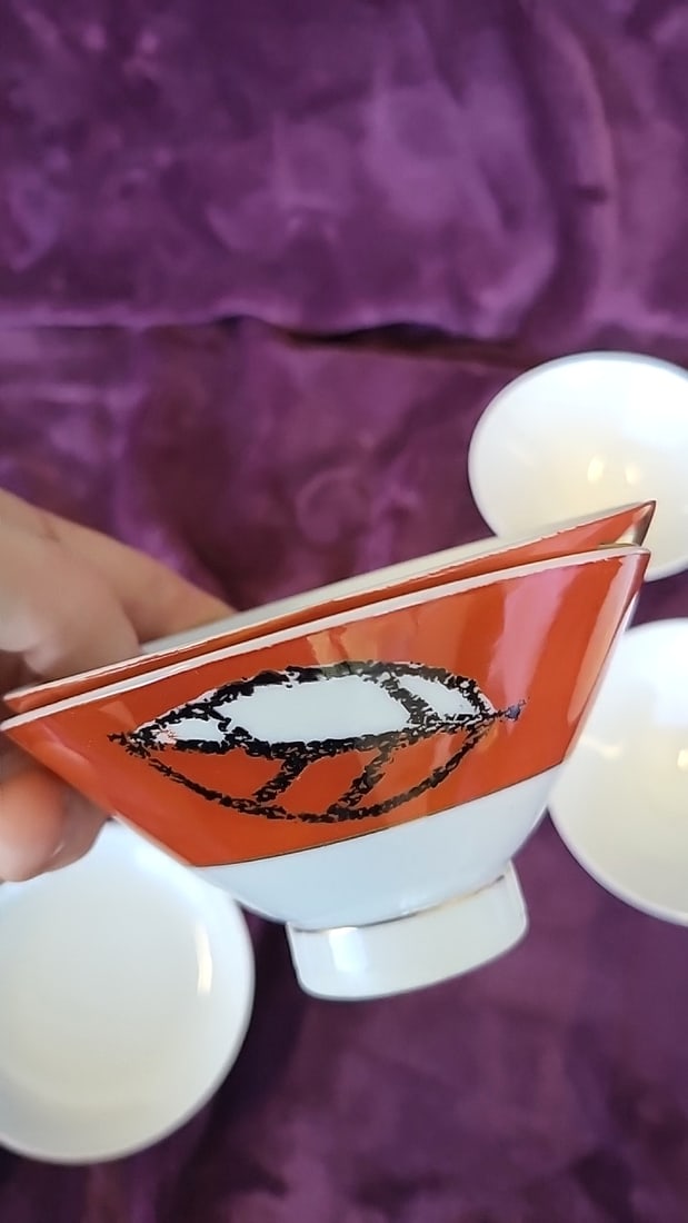 Set Of 6 Orange Red Porcelain Footed Rice Bowls With White Floral And Gold Leaf Designs - 8