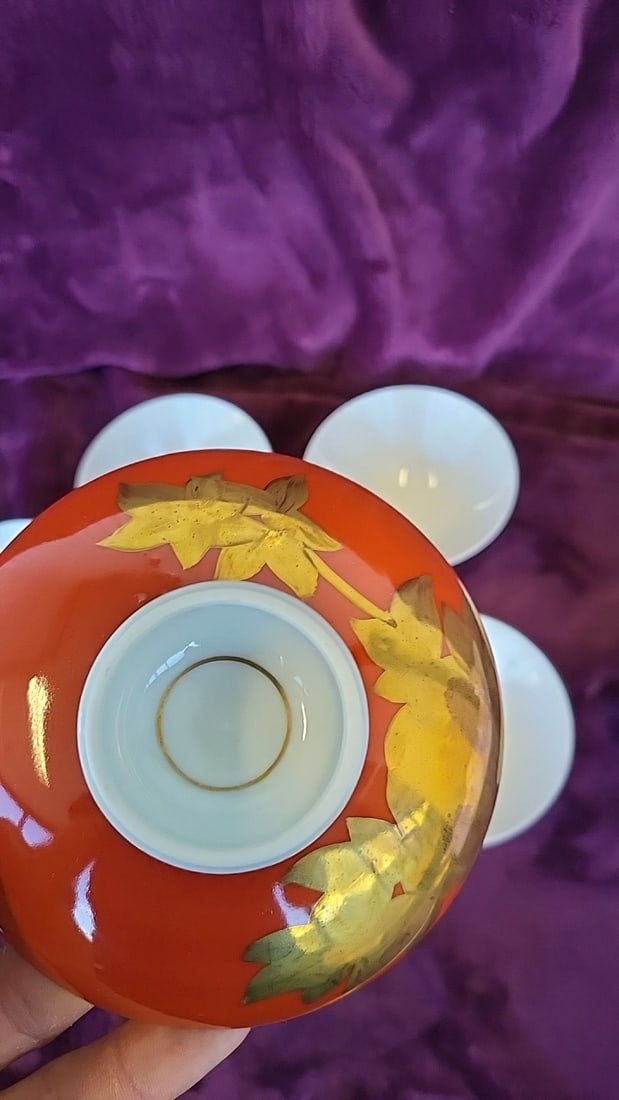 Set Of 6 Orange Red Porcelain Footed Rice Bowls With White Floral And Gold Leaf Designs - 9