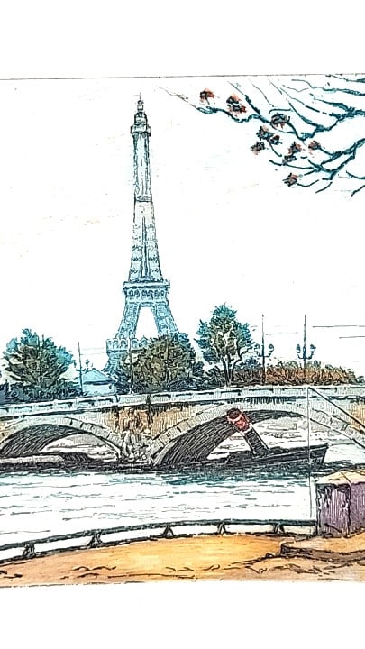 3 Vintage Hand Colored Etchings Of Paris. Signed By French Artist, Marcel Julien Baron. - 2