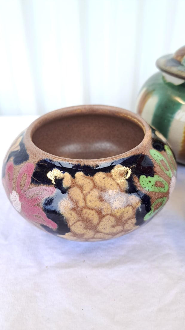 3 Glazed Ceramic Pottery Pieces Floral Bowl, Striped Lidded Jar, Hickory Farms Toothpick Holder - 2