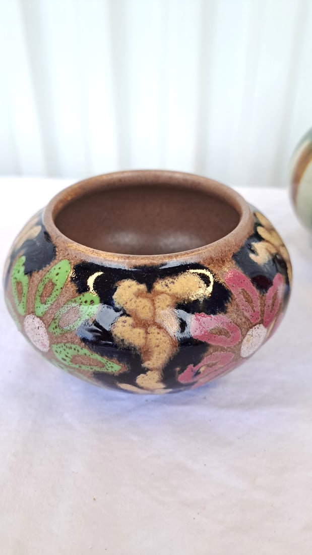 3 Glazed Ceramic Pottery Pieces Floral Bowl, Striped Lidded Jar, Hickory Farms Toothpick Holder - 3