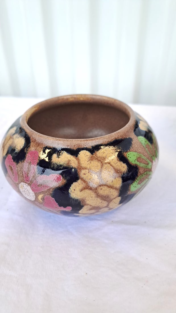 3 Glazed Ceramic Pottery Pieces Floral Bowl, Striped Lidded Jar, Hickory Farms Toothpick Holder - 4