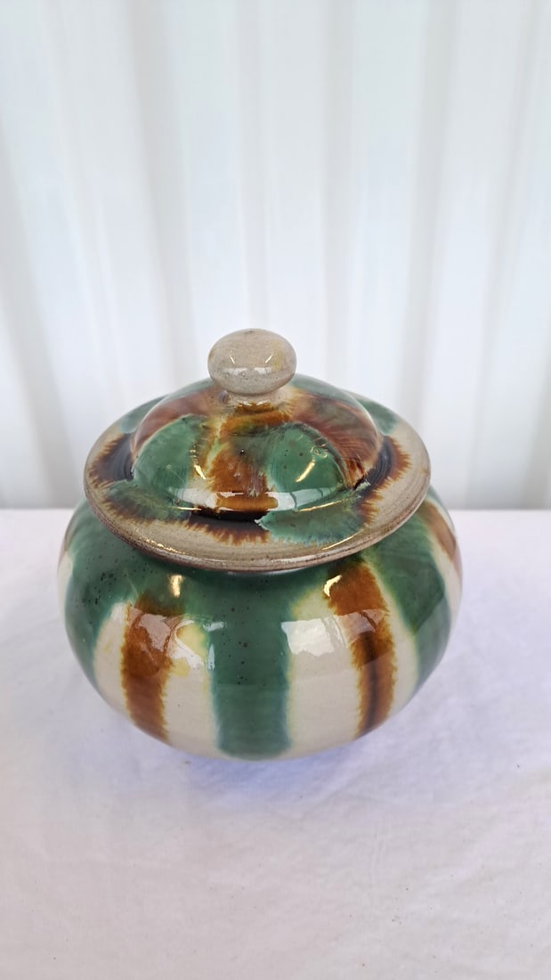 3 Glazed Ceramic Pottery Pieces Floral Bowl, Striped Lidded Jar, Hickory Farms Toothpick Holder - 5