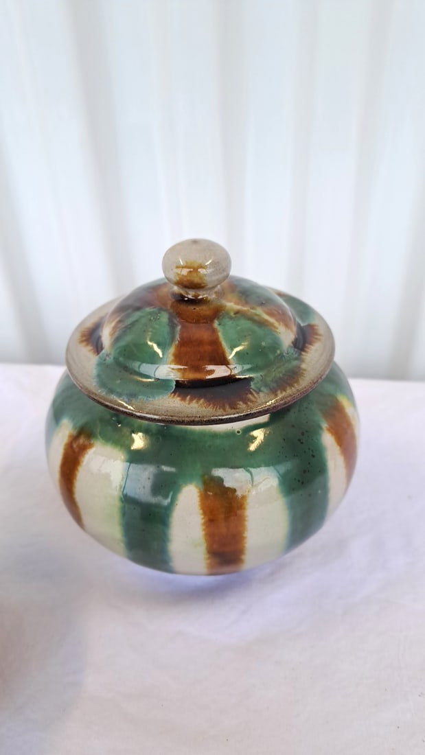 3 Glazed Ceramic Pottery Pieces Floral Bowl, Striped Lidded Jar, Hickory Farms Toothpick Holder - 6